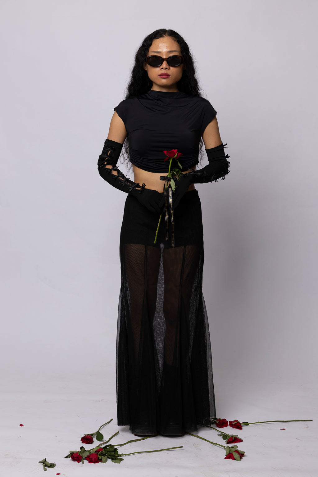 Panelled mesh mermaid maxi skirt