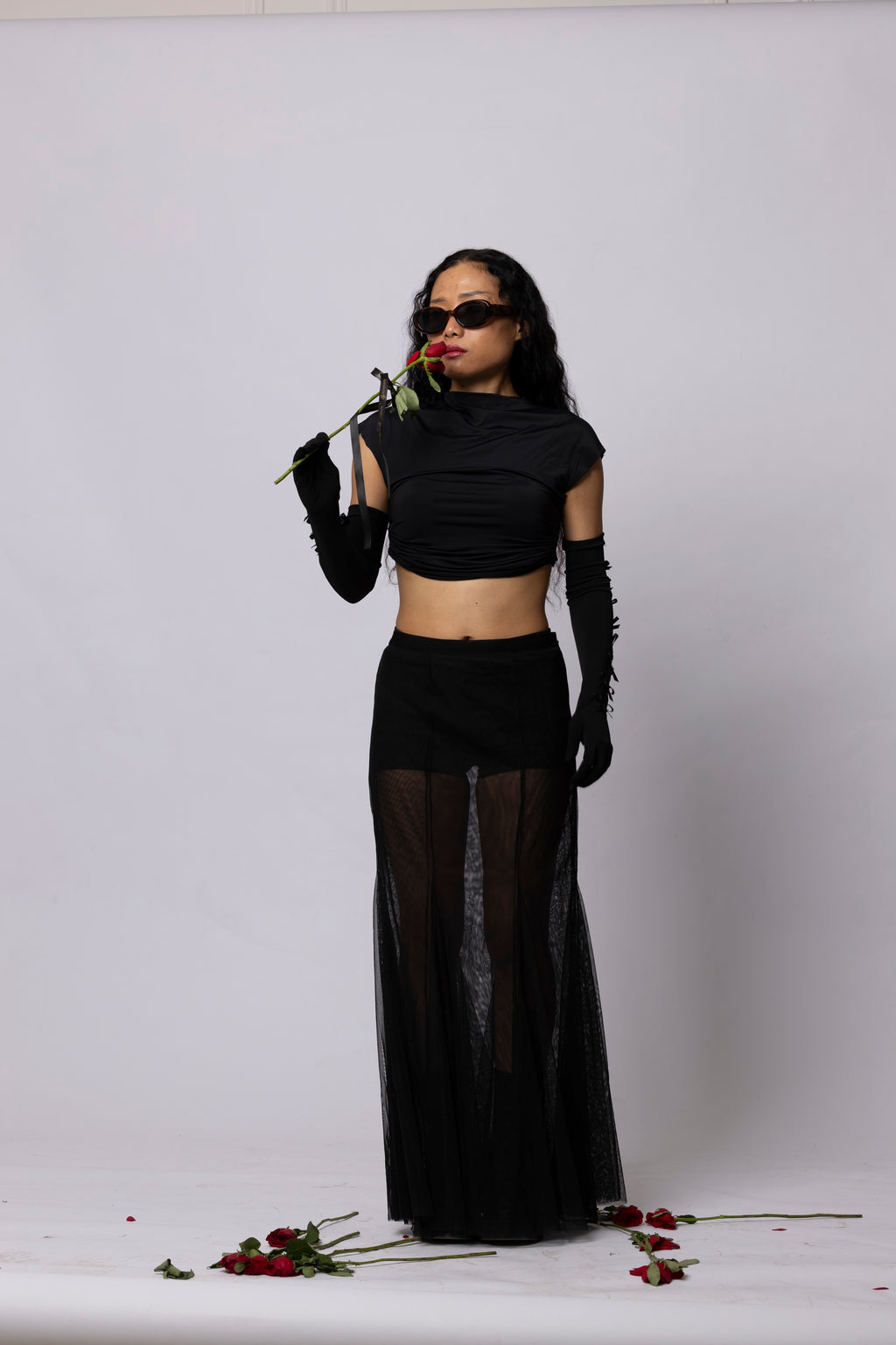 Panelled mesh mermaid maxi skirt