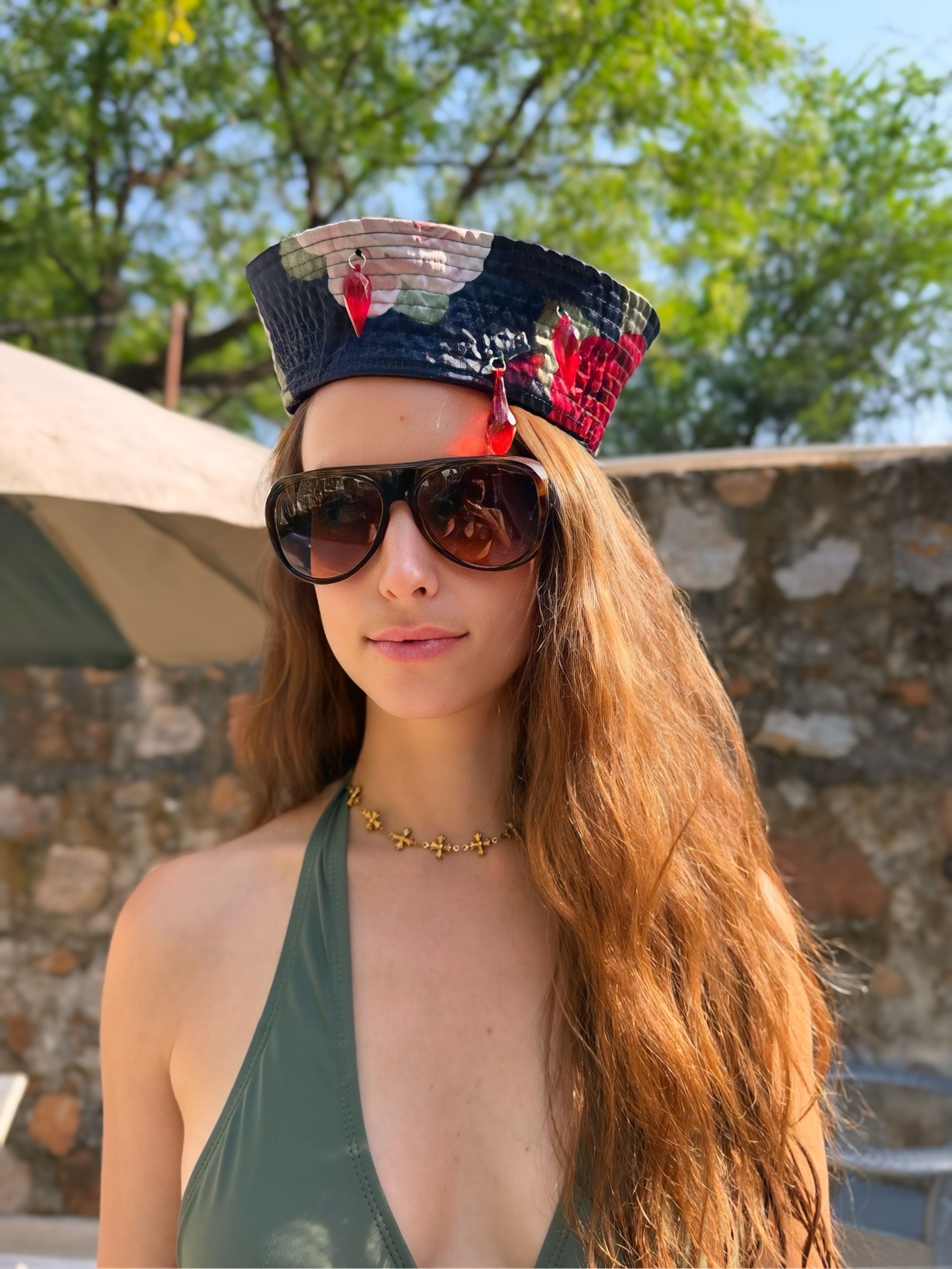 Floral sailor hat with crystal droplets