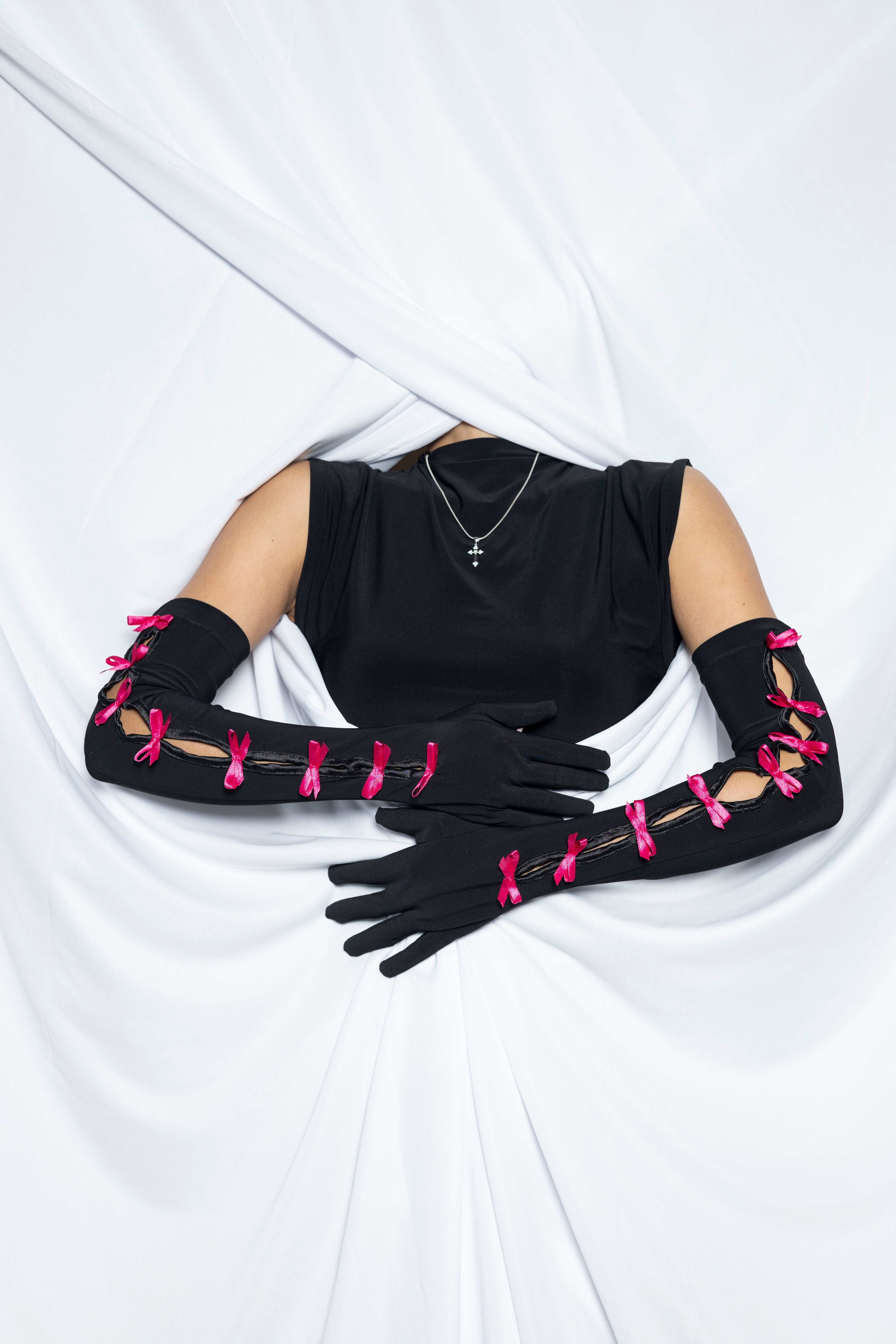 Pink Ribbon Black Gloves